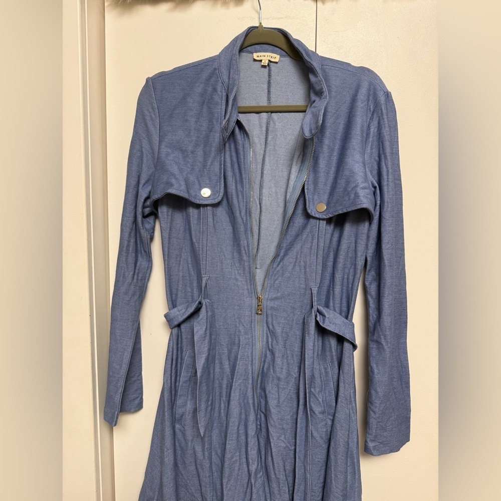 Main Strip Light Blue Long-Sleeve Zip Dress with Tie Waist - Picture 5 of 7